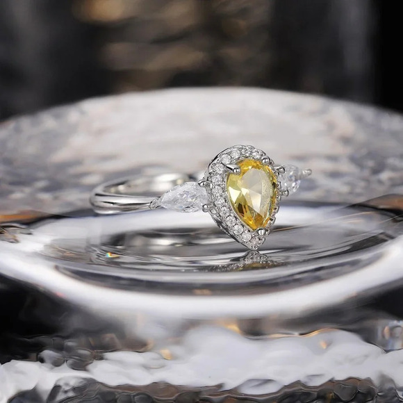 🔥925 Silver Yellow Water Drop Romantic Crystal Diamond Ring for Women, K778 - Picture 7 of 10